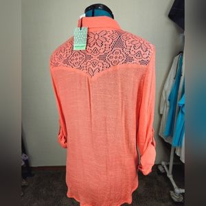 About a Girl- Sunset orange - snap up top with lace, mid sleeve, new with tags